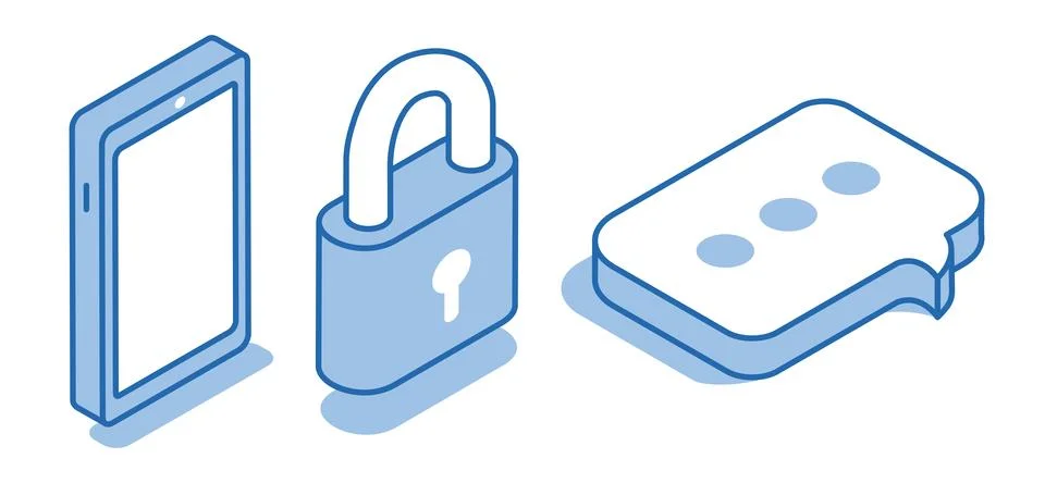 Isometric vector set of linear icons of a padlock next to a smartphone and a  Stock Illustration