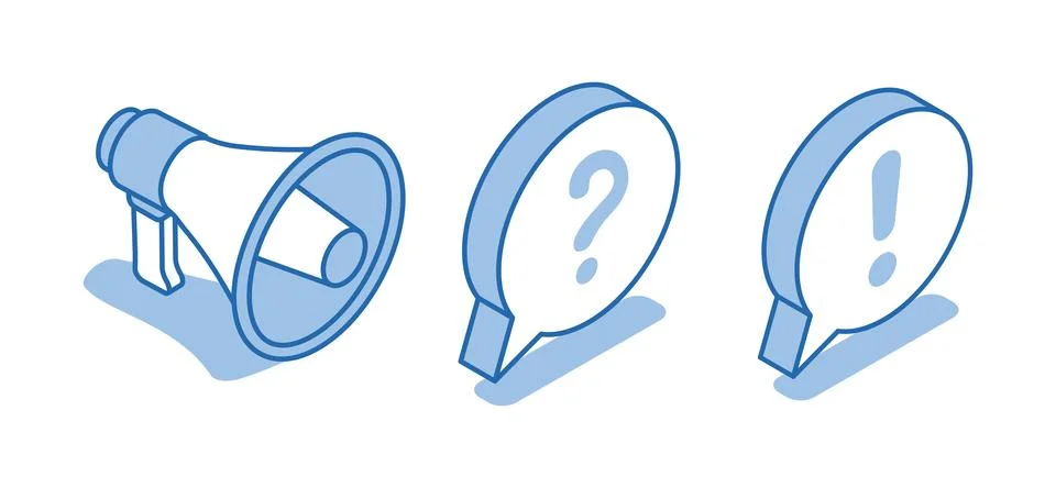 Isometric vector set of linear icons of a loudspeaker next to text bubbles wi Stock Illustration