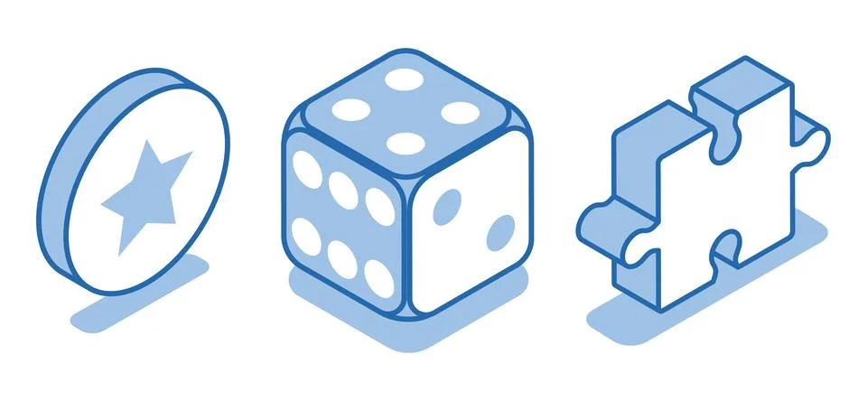 Isometric vector set of linear icons of a dice next to a chip and a puzzle pi Stock Illustration
