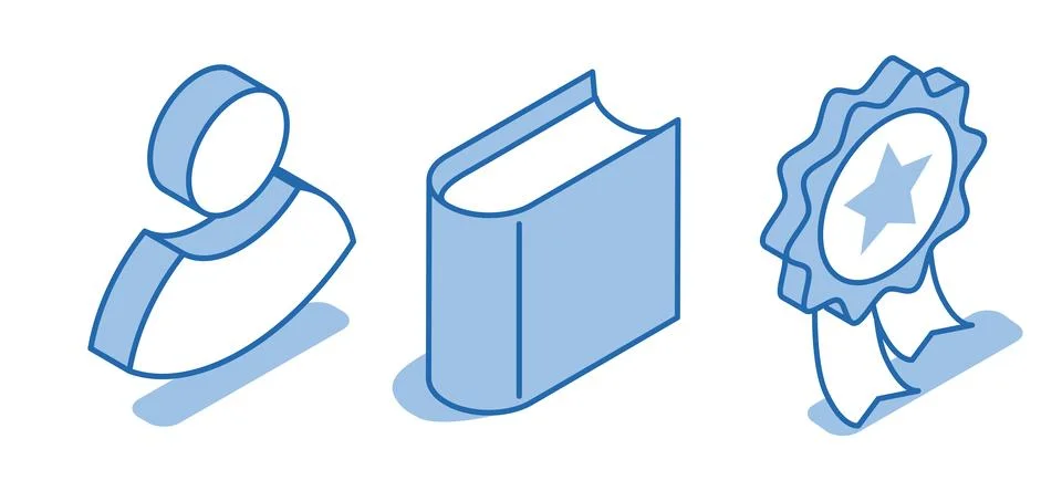 Isometric vector set of linear icons of a book next to a person and an award  Stock Illustration