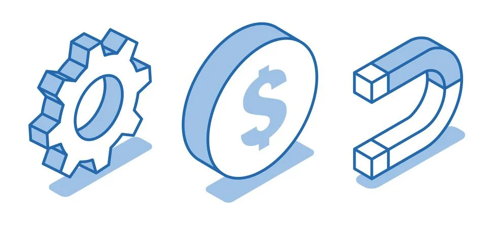 Isometric vector set of linear icons of a coin next to a gear and a magnet on Stock Illustration
