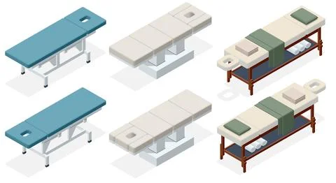 Isometric vector set of massage tables including wooden, metal, adjustable Stock Illustration