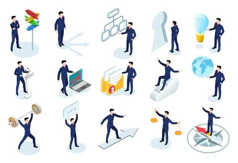 Isometric vector set of men in business suits, isolated on white background,  Stock Illustration