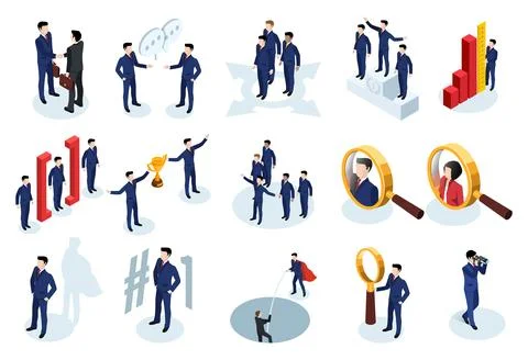 Isometric vector set of men in business suits, isolated on white background,  Stock Illustration