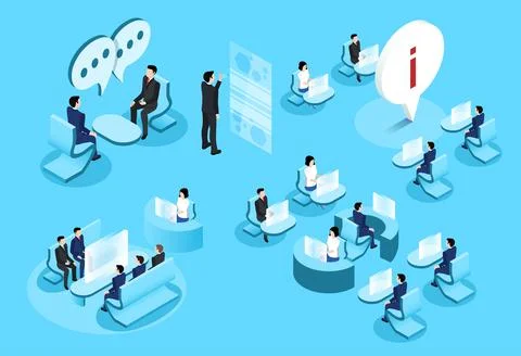 Isometric vector set of people working in a futuristic office on a blue backg Stock-Illustration