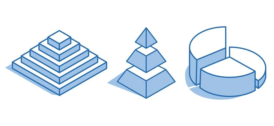 Isometric vector set of pyramids and charts icons on white background, statis Stock Illustration