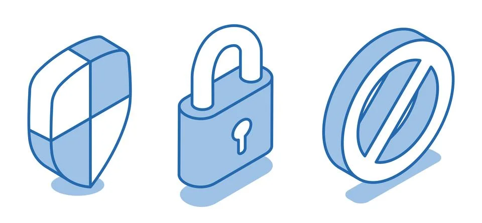 Isometric vector set of shield icons next to prohibition sign and lock on whi Stock Illustration
