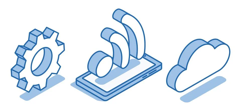 Isometric vector set of smartphone and signal icons near gear and cloud in li Stock Illustration