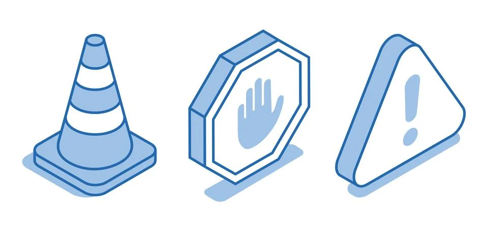 Isometric vector set of warning icons on a white background, prohibition or t Stock Illustration