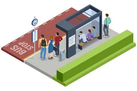 Isometric vector showing a high-tech bus stop with interactive ticket vending Stock Illustration