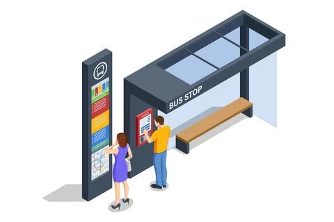 Isometric vector showing a high-tech bus stop with interactive ticket vending Stock Illustration