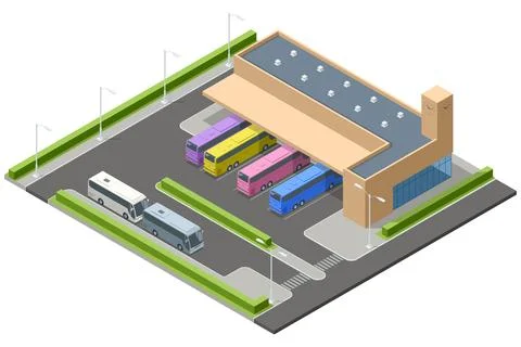 Isometric vector showing a large bus terminal with multiple colored buses Stock Illustration