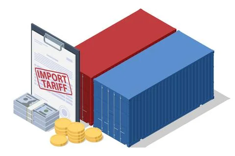 Isometric vector showing shipping containers, money, and a clipboard labeled Stock Illustration
