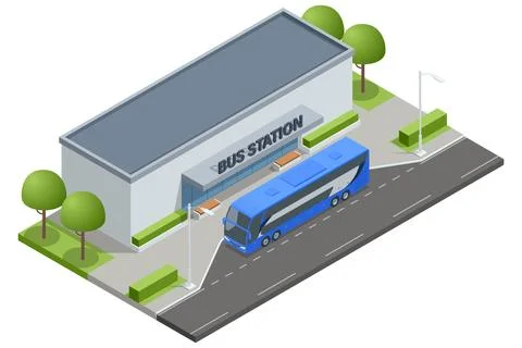 Isometric vector of a small bus station labeled Bus Station with a blue bus Stock Illustration