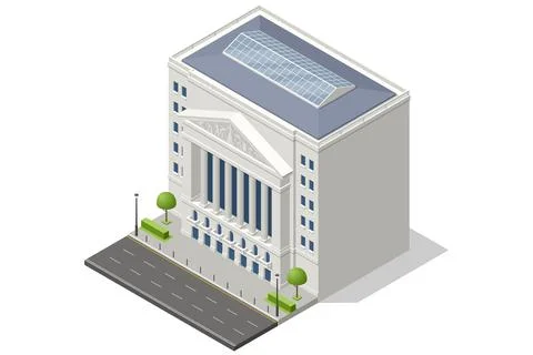 Isometric vector of a stock exchange building with large gold coins and stock Ilustración de archivo