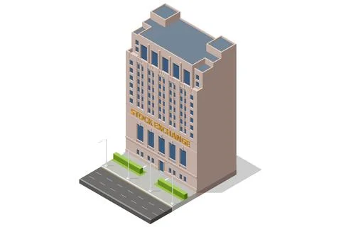 Isometric vector of a stock exchange building with large gold coins and stock Ilustración de archivo