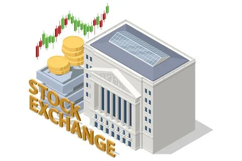 Isometric vector of a stock exchange building with large gold coins and stock Ilustración de archivo