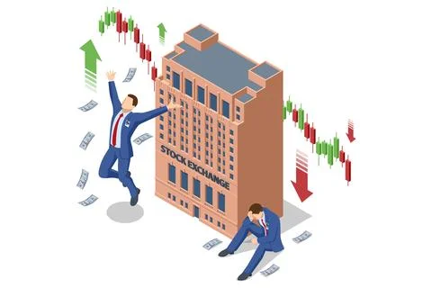 Isometric vector of a stock exchange building with a bullish and bearish trader Ilustración de archivo