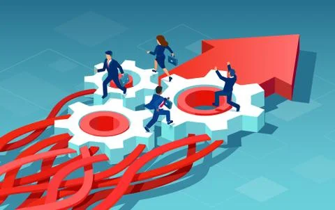 Isometric vector of tangled arrows processed by businesspeople orderly into a Stock Illustration