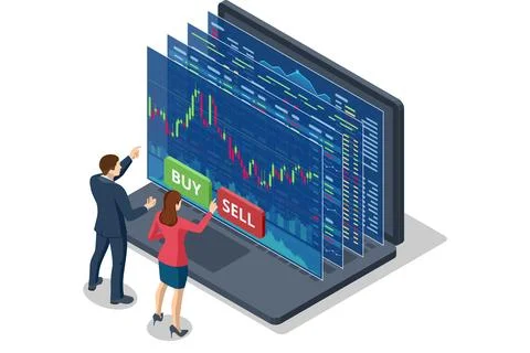 Isometric vector of traders interacting with a large digital financial interface 스톡 일러스트