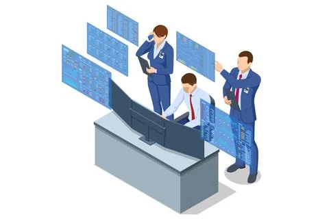 Isometric vector of traders interacting with a large digital financial interface Stock Illustration