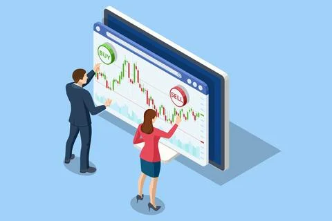 Isometric vector of traders interacting with a large digital financial interface 스톡 일러스트