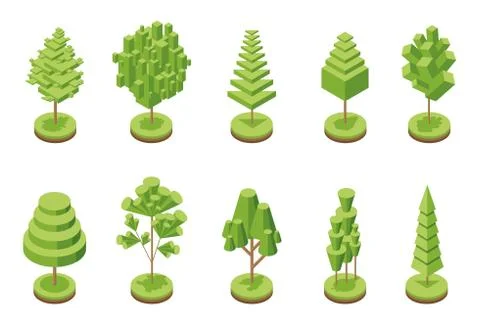 Isometric vector trees for the forest, park, city. 3D trees. Stock Illustration