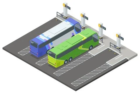 Isometric vector of two intercity buses parked at a modern bus station with Stock Illustration