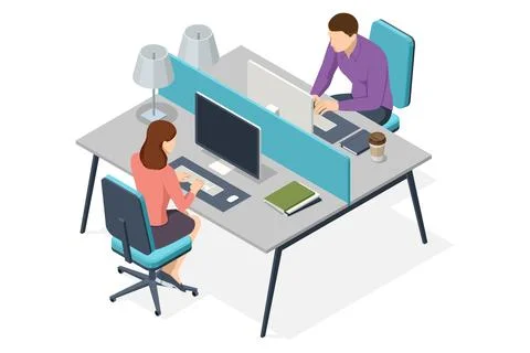 Isometric vector of two people working at a dual workstation, separated by a Stock Illustration