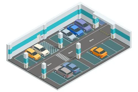 Isometric vector underground parking illustration with color-coded sections Stockillustratie