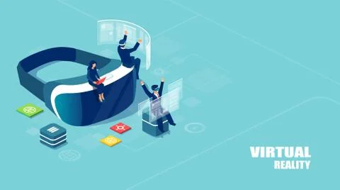 Isometric vector of virtual reality headset with people studying and entertai Stock Illustration