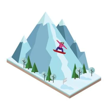 Isometric vector woman pulls off the mountain. Snowboarding, winter sport Illustrazione stock