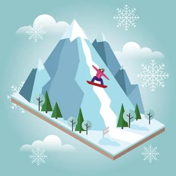 Isometric vector woman pulls off the mountain. Snowboarding, winter sport Stock Illustration