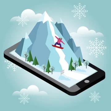 Isometric vector woman pulls off the mountain. Mobile navigation. Videos and Stock Illustration