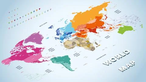 Isometric vector world map colored by continents with countries names Stock Illustration