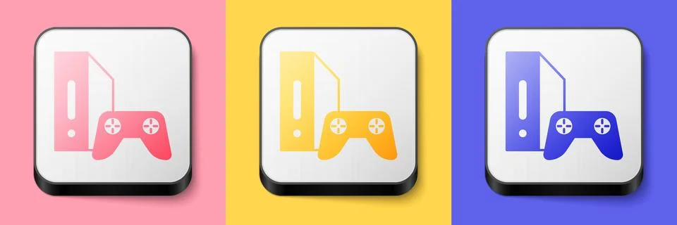 Isometric Video game console with joystick icon isolated on pink, yellow and  Stockillustratie