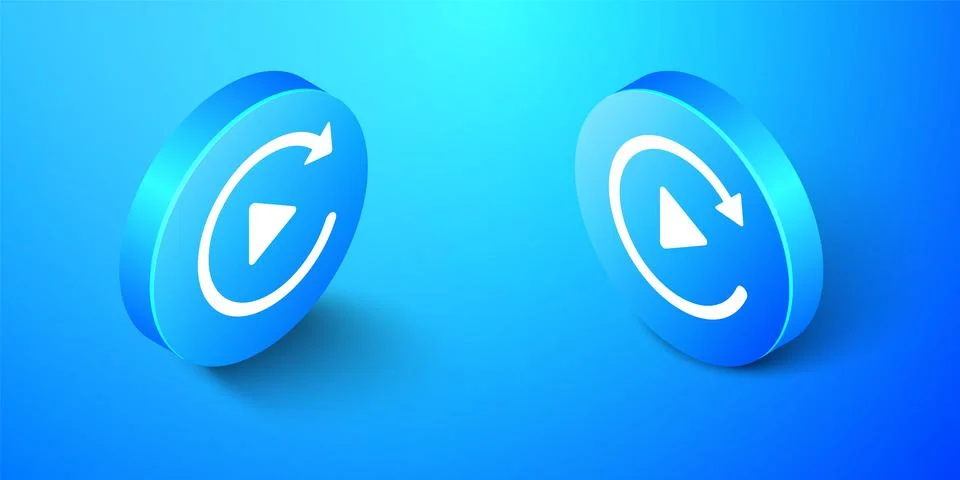 Isometric Video play button like simple replay icon isolated on blue background Stockillustratie