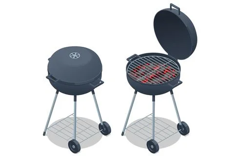 Isometric view of a BBQ grill setup, showcasing a barbecue scene with cooking Stock Illustration
