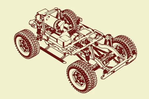 Isometric View of the Chassis of a Modern Electric SUV. Stock Illustration