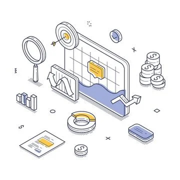 Isometric view of a digital workspace with various elements representing busi Stock Illustration
