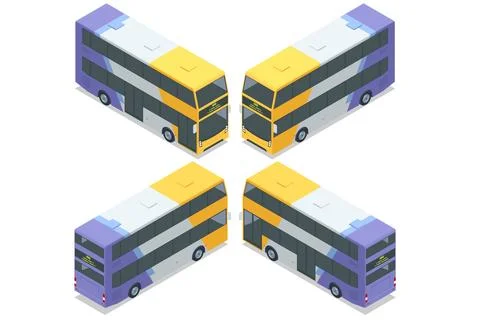 An isometric view of a double-decker bus in multiple perspectives, showcasing Stock Illustration