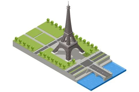 Isometric view of the Eiffel Tower with surrounding park, roads, bridge and Stock Illustration
