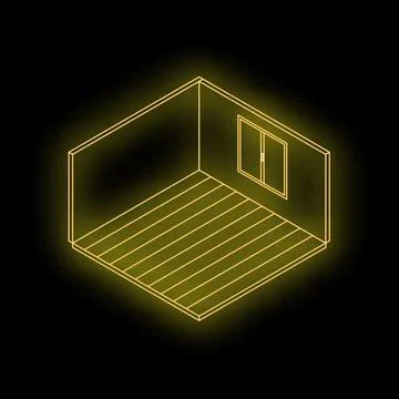 Isometric view of an empty room with wooden floor and window glowing yellow n Stock Illustration
