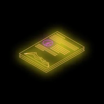 Isometric view of financial documents with charts and graphs, glowing neon ye Stock Illustration
