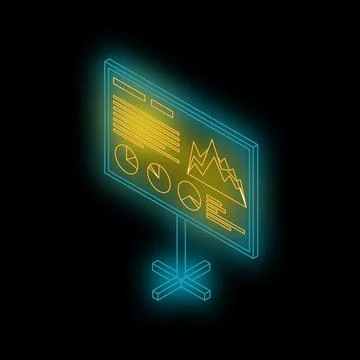 Isometric view of a glowing neon presentation board displaying charts, graphs Stock Illustration