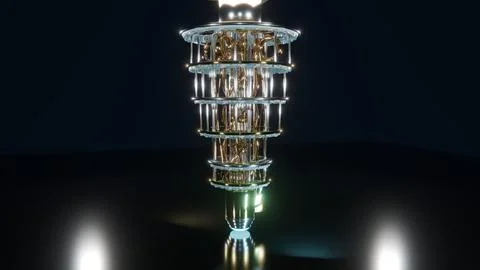Isometric View of Golden Quantum Computer Chandelier, 4K Photo Stock Photos
