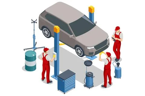 Isometric view of a gray SUV on a two-post lift. Three mechanics in red Stock Illustration