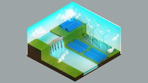 Isometric view of a hydroelectric dam,windmill ,solar cell ,Future alternativ Stock Illustration
