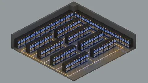 Isometric view of a large server room,Data Center With Multiple Rows of Ful.. Stock Illustration