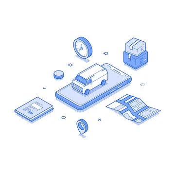 Isometric view of logistics technology, featuring a delivery van on a mobile  Stockillustratie
